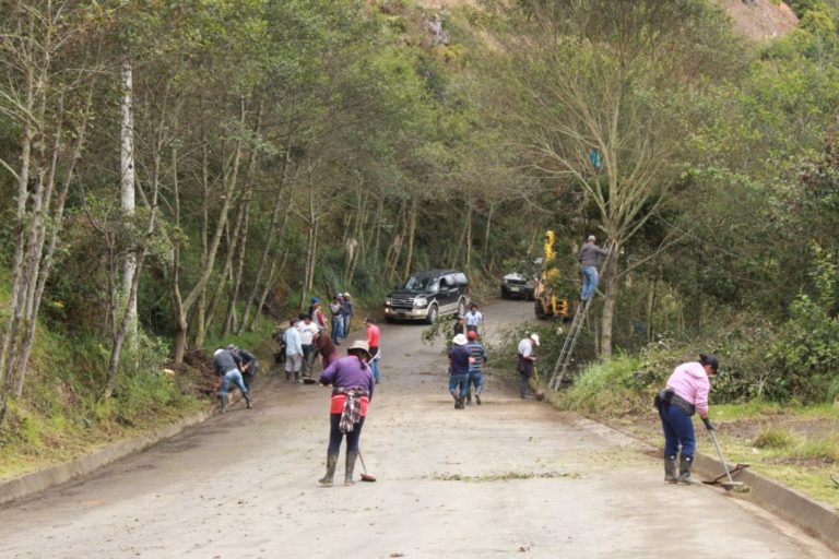 Participantes de la minga, durante la limpieza de la vía Guachapala-Andacocha.(Cortesía)