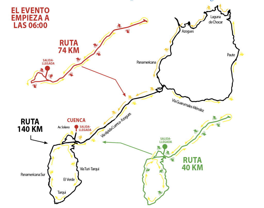 Mapa de recorridos, en las tres categorías, que recorrerán los ciclistas a lo largo de dos provincias. 