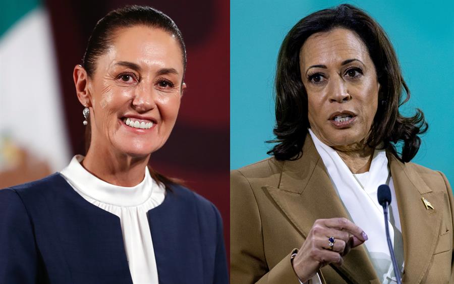 Combo de fotografías de la futura presidenta de México, Claudia Sheinbaum (izq.), y la vicepresidenta de Estados Unidos, Kamala Harris, que mantuvieron este jueves una llamada telefónica en la que dialogaron sobre la cooperación migratoria entre ambos países, el combate al narcotráfico y la importancia de las energías renovables. La Casa Blanca detalló en un comunicado que Harris felicitó a Sheinbaum por "su histórica elección como nueva presidenta de México" en los comicios del 2 de junio. EFE