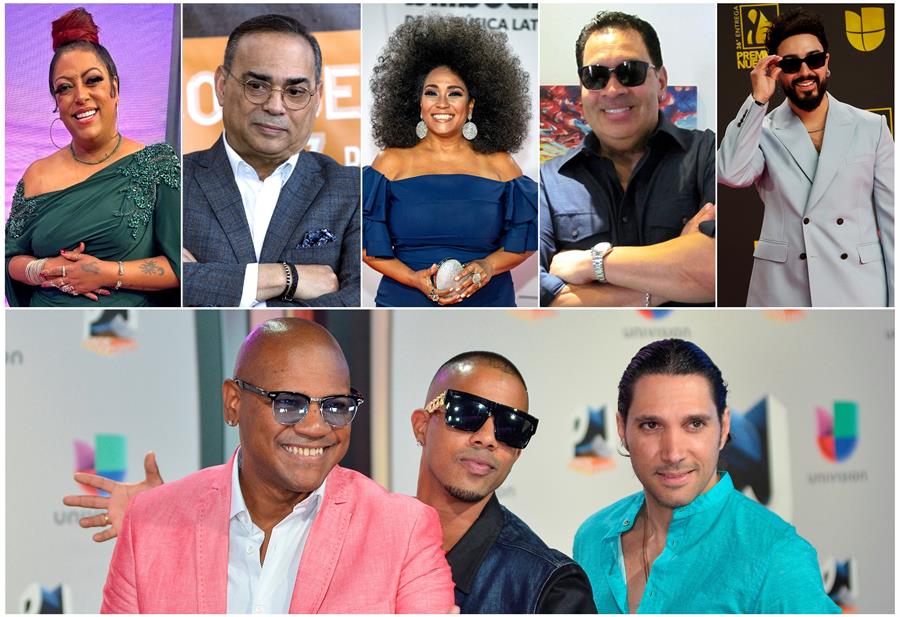Composición de seis fotografías de archivo donde aparecen los salseros y merengueros (de i a d) La India, Gilberto Santa Rosa, Aymée Nuviola, Tito Nieves, Luis Figueroa, y (abajo) el grupo dominicano Proyecto Uno. La música tropical es la nueva corriente de moda entre artistas latinos de pop, con exponentes como Camilo, Fonseca, Mau y Ricky, Kany García y Manuel Turizo abrazando la salsa, el merengue y la bachata, mientras los tradicionales intérpretes de estos ritmos piden más apoyo e inversión. EFE