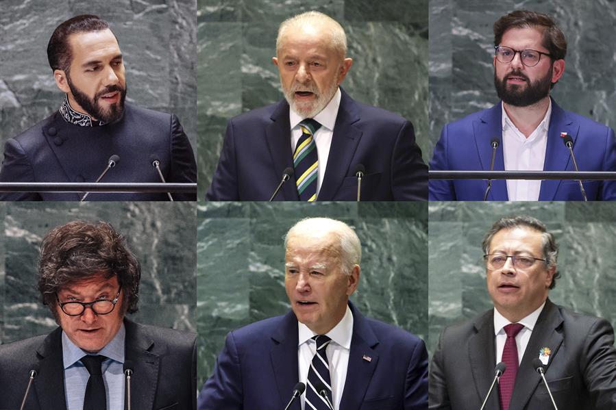 Combo de fotografías donde se ven, desde la izquierda arriba, los presidentes de El Salvador, Nayib Bukele; de Brasil, Luiz Inácio Lula da Silva; de Chile, Gabriel Boric; de Argentina, Javier Milei, de Estados Unidos, Joe Biden, y de Colombia, Gustavo Petro. Los discursos de los países de las Américas que este martes abrieron la 79ª Asamblea General de Naciones Unidas coincidieron en la descripción de la peligrosa coyuntura mundial y las críticas por la incapacidad de la ONU para afrontarla, pero discreparon abiertamente en qué medidas deben aplicarse para revertir esta delicada situación. EFE
